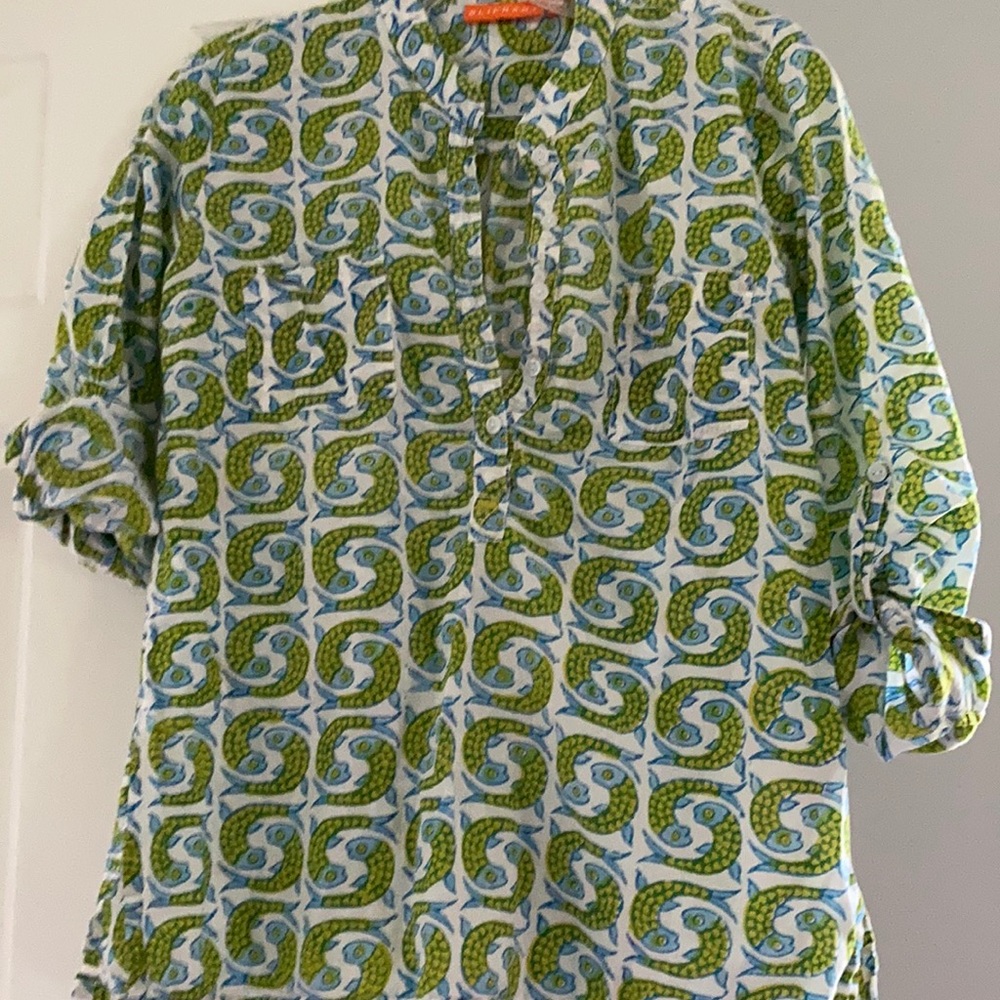 Oliphant 💯 Cotton shirt blue/green fish print XS